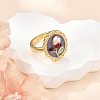Flower Pattern Brass Enamel & Natural Freshwater Pearl Open Cuff Rings for Women RJEW-G342-01G-02-1