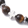 Natural Tiger Eye & Obsidian Round & Brass Cross Braided Bead Bracelets BJEW-JB09704-02-3