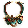 Flower Butterfly Ring Acrylic & Wood Pendant 2-Strand Cotton Cord Bib Necklaces for Women FS-WG99BBE-02-1