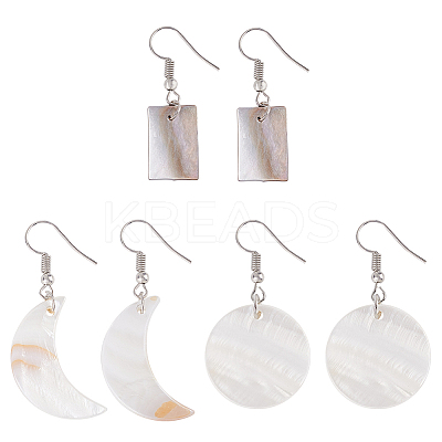 3 Pairs 3 Style Flat Round & Moon & Rectangle Acrylic Imitation Shell Dangle Earrings EJEW-AN0002-94-1