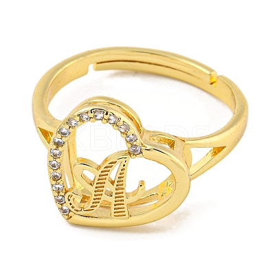 Heart with Letter Rack Plating Brass Micro Pave Cubic Zirconia Adjustable Rings for Women RJEW-I105-06G-A-1