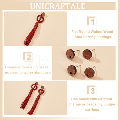 30Pcs Flat Round Walnut Wood Stud Earring Findings MAK-UN0001-48-1