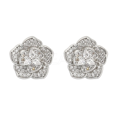 Flower Brass Micro Pave Clear Cubic Zirconia Stud Earrings EJEW-M082-19P-1