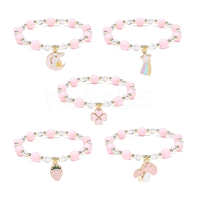 Pink Acrylic & Synthetic Hematite Beaded Stretch Bracelet with Alloy Enamel Charms for Women BJEW-JB08726-1