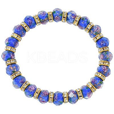Faceted Rondelle Handmade Inner Flower Gold Sand Lampwork & Iron Beaded Stretch Bracelets for Women BJEW-SW001579-04-1