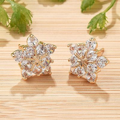 Flower Brass Micro Pave Cubic Zirconia Stud Earrings for Women EJEW-G428-28B-02-1