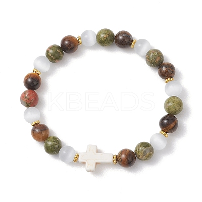 Natural Unakite & Tiger Eye Beads Stretch Bracelets for Women BJEW-JB13271-1