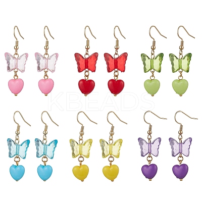 6Pairs Butterfly with Heart Acrylic Dangle Earrings EJEW-JE06377-S-1