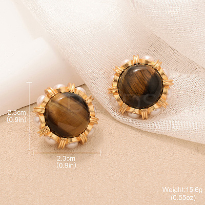 Alloy & Natural Tiger Eye & Plastic Pearl Stud Earrings FS-WGA185A-01-1