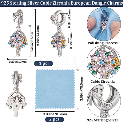 1Pc 925 Sterling Silver Pave Cubic Zirconia European Dangle Charms STER-BBC0005-74-1