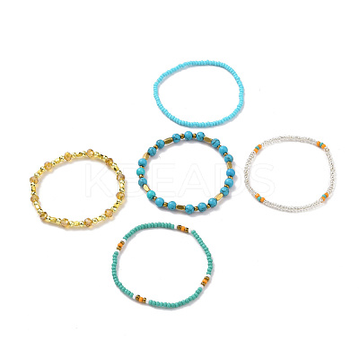 5Pcs 5 Style Synthetic Turquoise(Dyed) & Hematite & Glass Sead Beads Stretch Bracelets Set BJEW-JB07670-03-1