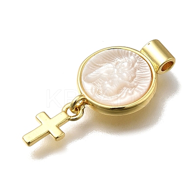 Brass Pave Natural White Shell Flat Round with Cross Pendants KK-C090-40G-07-1