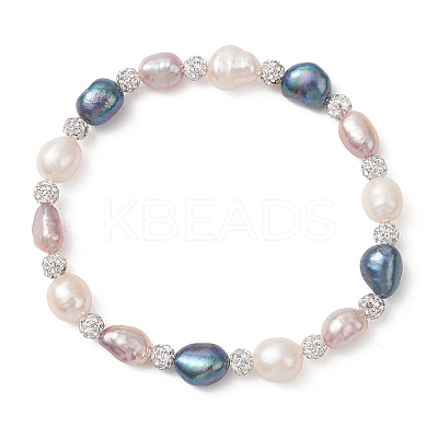 Polymer Clay Rhinestone & Natural Cultured Freshwater Pearl Beads Stretch Bracelets for Women BJEW-JB13192-1