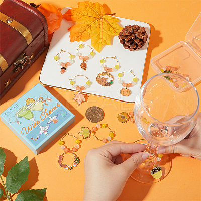Autumn Theme Alloy Enamel with Glass Wine Glass Charms AJEW-SC0002-11-1