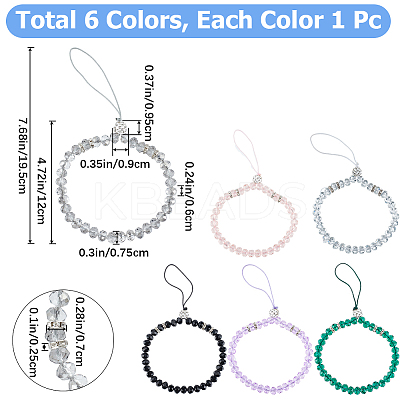 6Pcs 6 Colors Glass & Rhinestone Beaded Phone Hand Strap Chains AJEW-GF0008-56-1
