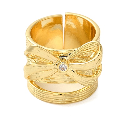 Brass Micro Pave Cubic Zirconia Bowknot Open Cuff Wide Rings for Women RJEW-B057-03G-1