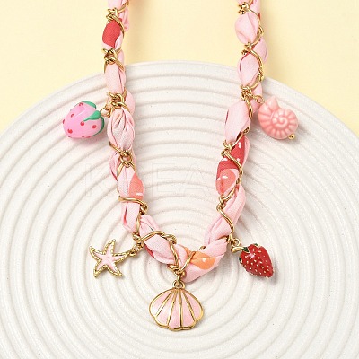 Starfish Strawberry Shell Shape 304 Stainless Steel Enamel & Handmade Lampwork Pendant Necklaces NJEW-D344-02G-1