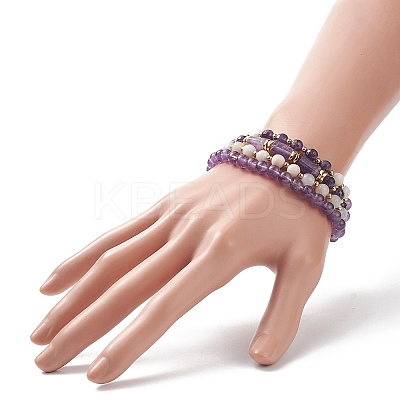 4Pcs 4 Style Natural Amethyst & White Crazy Agate & Brass Beaded Stretch Bracelets Set BJEW-JB08998-1