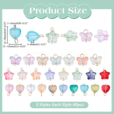 120Pcs 3 Styles Gradient Color Baking Paint Transparent Glass Star & Heart & Butterfly Connector Charms PALLOY-AR00029-1