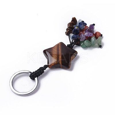 Tiger Eye Star with Mixed Gemstone Chips Beaded Tassel Keychains KEYC-P012-01P-05-1