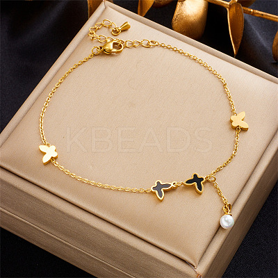 304 Stainless Steel & Plastic Pearl Charm Double Layer Anklets for Women FS-WGA3011-20-1