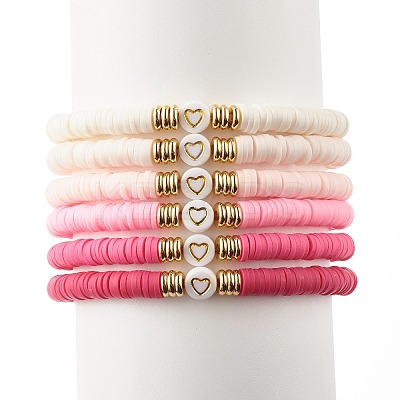 Handmade Polymer Clay Heishi Beads Stretch Bracelets Set with Heart Pattern Beads for Women BJEW-JB07449-1