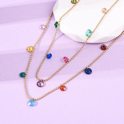 304 Stainless Steel Ball Chain Colorful Cubic Zirconia Flat Round Tassel Double Layer Necklaces for Women NJEW-A051-05G-1