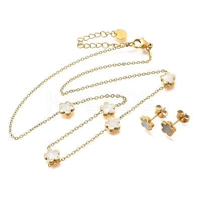 Flower 304 Stainless Steel Shell Necklaces & Stud Earring Set for Women SJEW-C007-05G-1