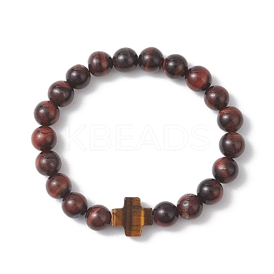 Natural Tiger Eye Round Beads Stretch Bracelets BJEW-JB13370-01-1