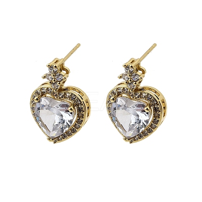 Brass Clear Cubic Zirconia Heart Dangle Stud Earrings EJEW-L261-021G-1