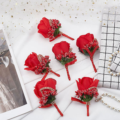 Cloth Rose Flower Boutonniere Brooch with Rhinestone AJEW-WH0258-294A-1