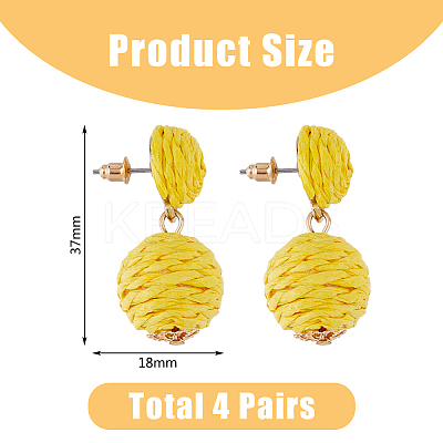 4 Pairs 4 Colors Raffia Grass Braided Round Dangle Stud Earrings with Iron Pins for Women EJEW-FI0002-27-1