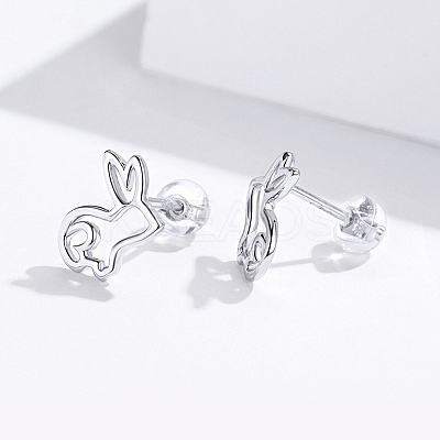 Anti-Tarnish Rhodium Plated 925 Sterling Silver Bunny Stud Earrings EJEW-FF0009-08P-1