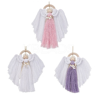 3Pcs 3 Colors Angel Wood & Cotton Threads Pendant Decoration HJEW-JM02406-1