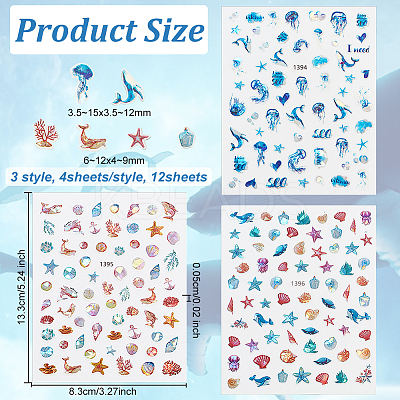 12 Sheets 3 Style Waterproof Ocean Theme PET Nail Art Stickers STIC-OC0001-05-1