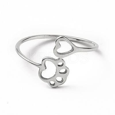 Non-Tarnish 201 Stainless Steel Paw Print and Heart Finger Ring RJEW-J051-27P-1