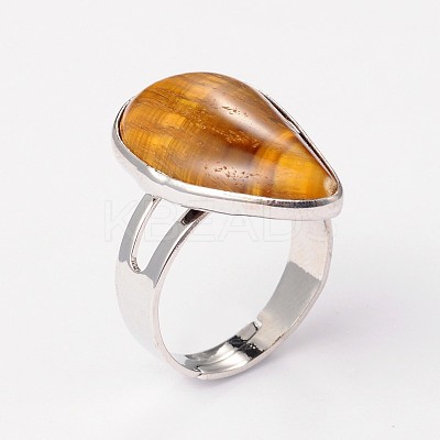 Adjustable Natural Tiger Eye & Platinum Brass Rings RJEW-N024-02B-1