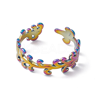 Ion Plating(IP) 304 Stainless Steel Leafy Branch Wrap Open Cuff Ring for Women RJEW-C045-20M-1