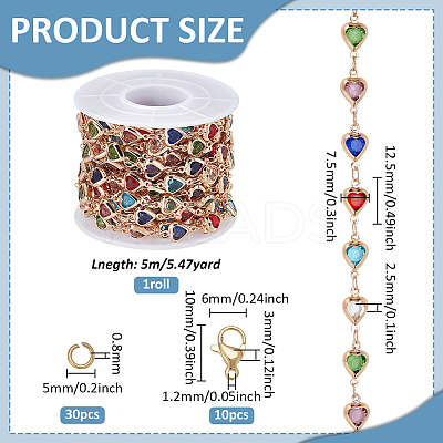 1Roll Brass Glass Heart Link Chains CHC-FG0001-04-1