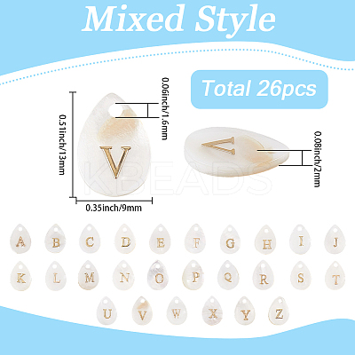26Pcs 26 Styles Natural Shell Teardrop Charms with Golden Tone Metal Letter Slices SHEL-SC0001-93-1
