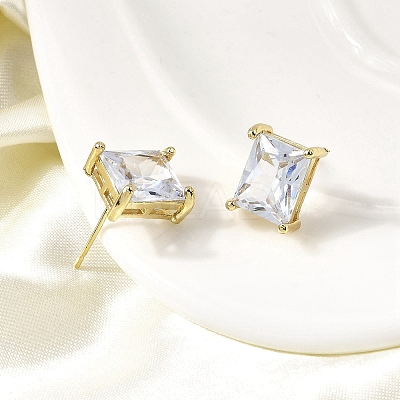 Brass Clear Cubic Zirconia Rectangle Stud Earrings EJEW-L261-025G-1