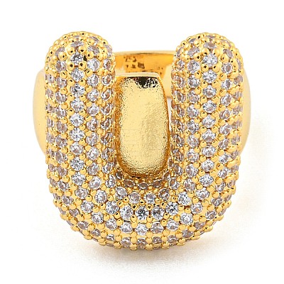 Brass Micro Pave Clear Cubic Zirconia Letter Open Cuff Ring for Women RJEW-M173-01G-U-1