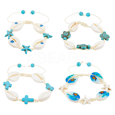 4Pcs 4 Style Natural Shell with Evil Eye Braided Bead Bracelets Set BJEW-FI0001-74-1
