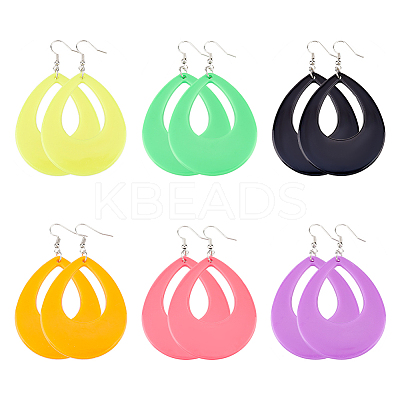 6 Pairs 6 Style Acrylic Hollow Out Teardrop Dangle Earrings EJEW-AN0002-11-1