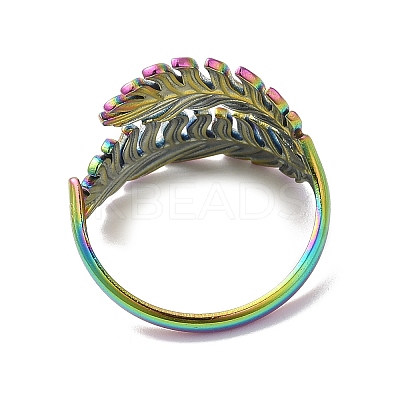 Ion Plating(IP) 304 Stainless Steel Leaf Open Cuff Ring for Women RJEW-M149-23RC-1