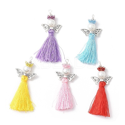 Glass Pearl Round Beaded with Polycotton Tassel Big Pendants PALLOY-MZ00612-1