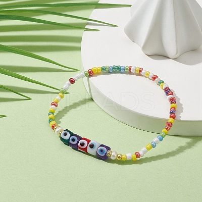 Natural Pearl & Evil Eye Lampwork & Seed Beaded Stretch Bracelet for Women BJEW-JB09371-1