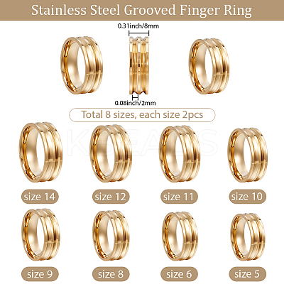 16Pcs 8 Styles 201 Stainless Steel Grooved Finger Ring Settings STAS-SC0010-64-1
