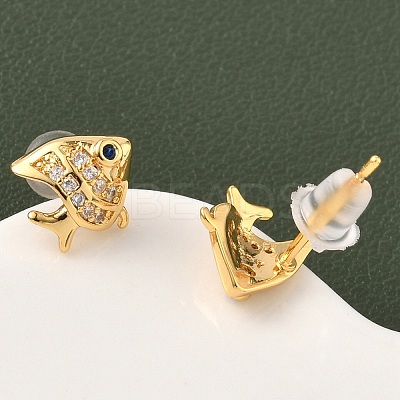 Brass Micro Pave Cubic Zirconia Fish Stud Earrings EJEW-D337-01G-1