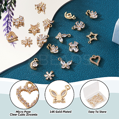 18Pcs 9 Style Brass Micro Clear Cubic Zirconia Pendants ZIRC-TA0001-18-1